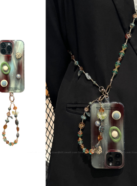 lizardhill 高级感绿棕渐变适用苹果16手机壳女iphone17pro立体宝石15promax防摔14pro斜挎可背带挂绳13小众