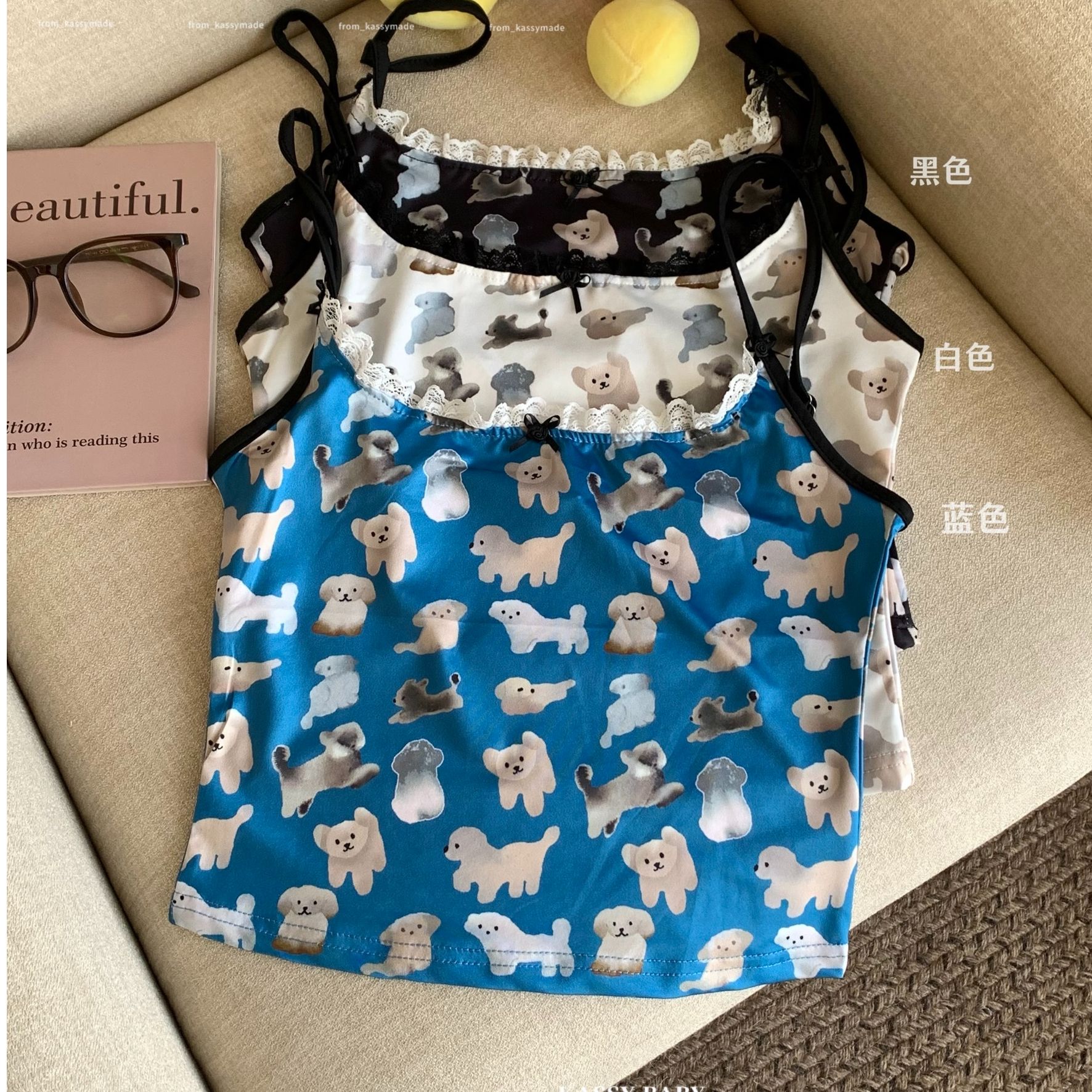 韩系设计感蕾丝拼接印花吊带背心女夏季小众别致显瘦内搭外穿上衣