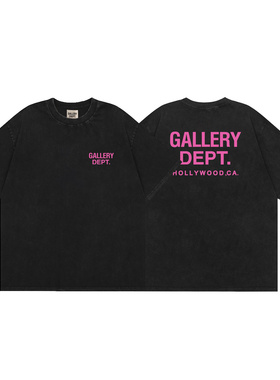 美式潮牌GALLERY DEPT经典款玫红字母印花水洗做旧复古短袖t恤