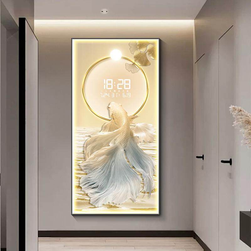 入户玄关装饰画好运锦鲤创意时钟壁灯寓意好走廊挂画人体感应挂钟