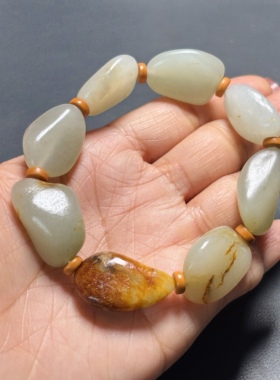 新疆和田玉籽料原石真皮真籽 油性好 青白玉手链 天然和田玉手链