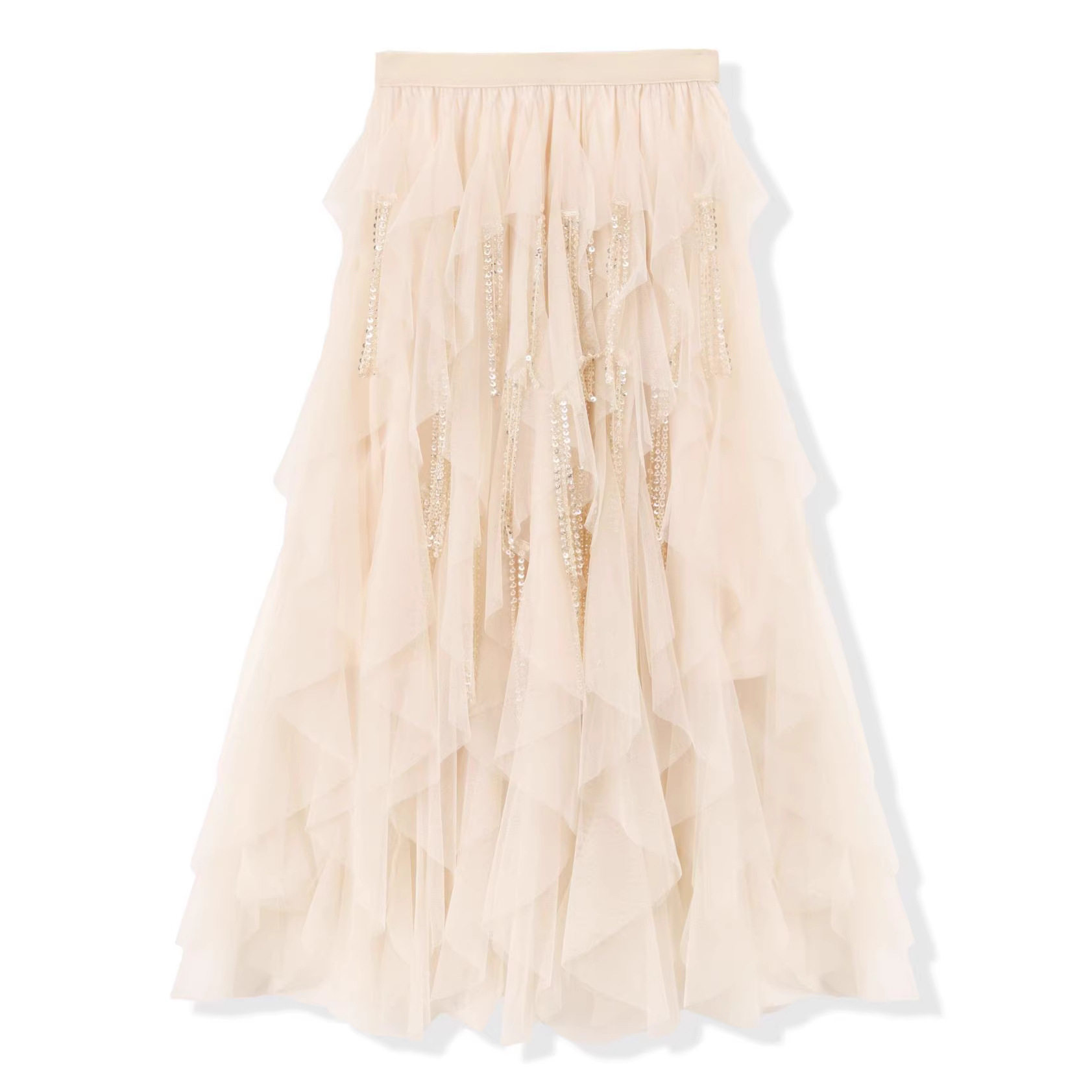 春夏新款高腰重工钉珠网纱半身裙女不规则百搭显瘦甜美仙气大摆裙