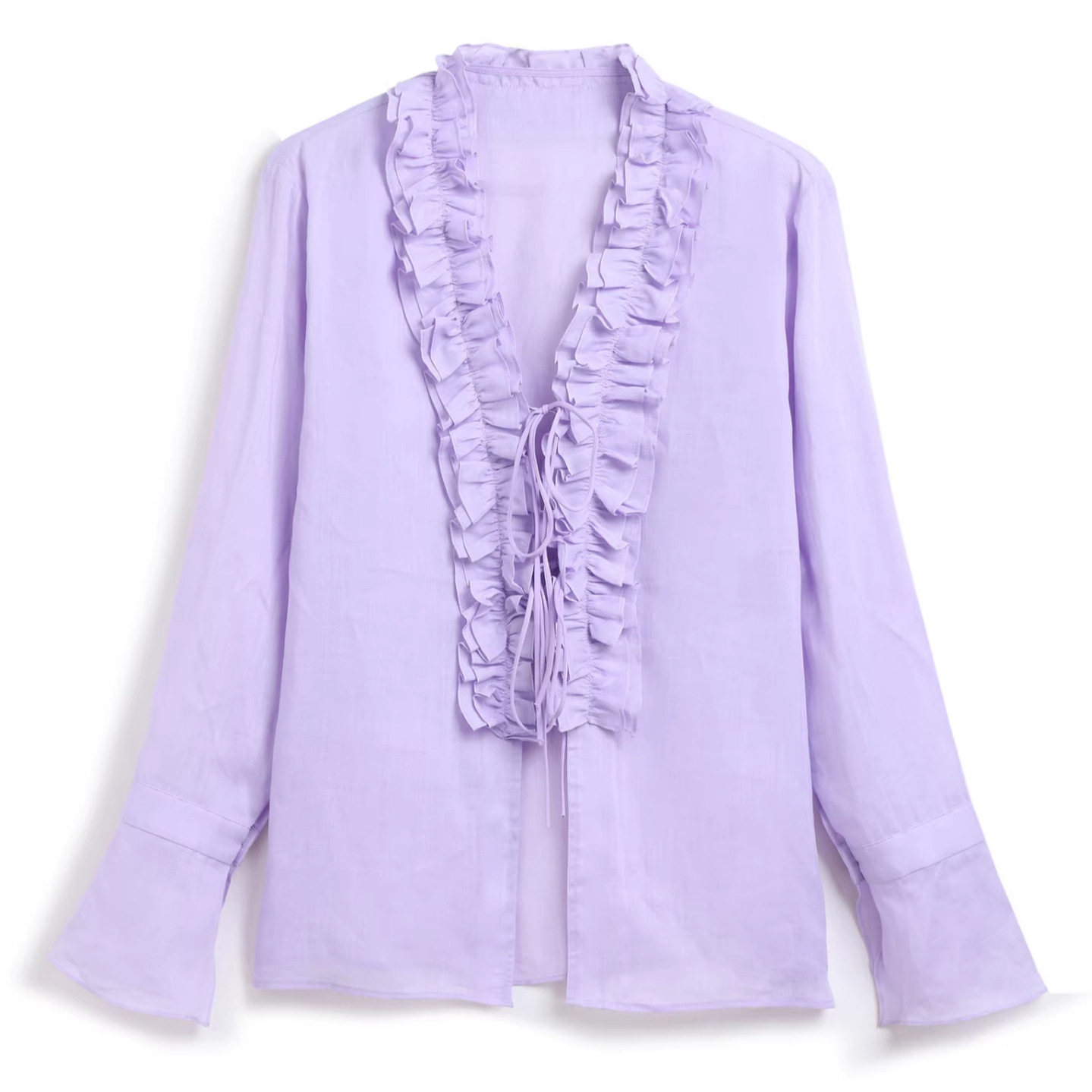 高定春夏法式通勤气质荷叶边苎麻衬衫女长袖宽松减龄洋气紫色上衣