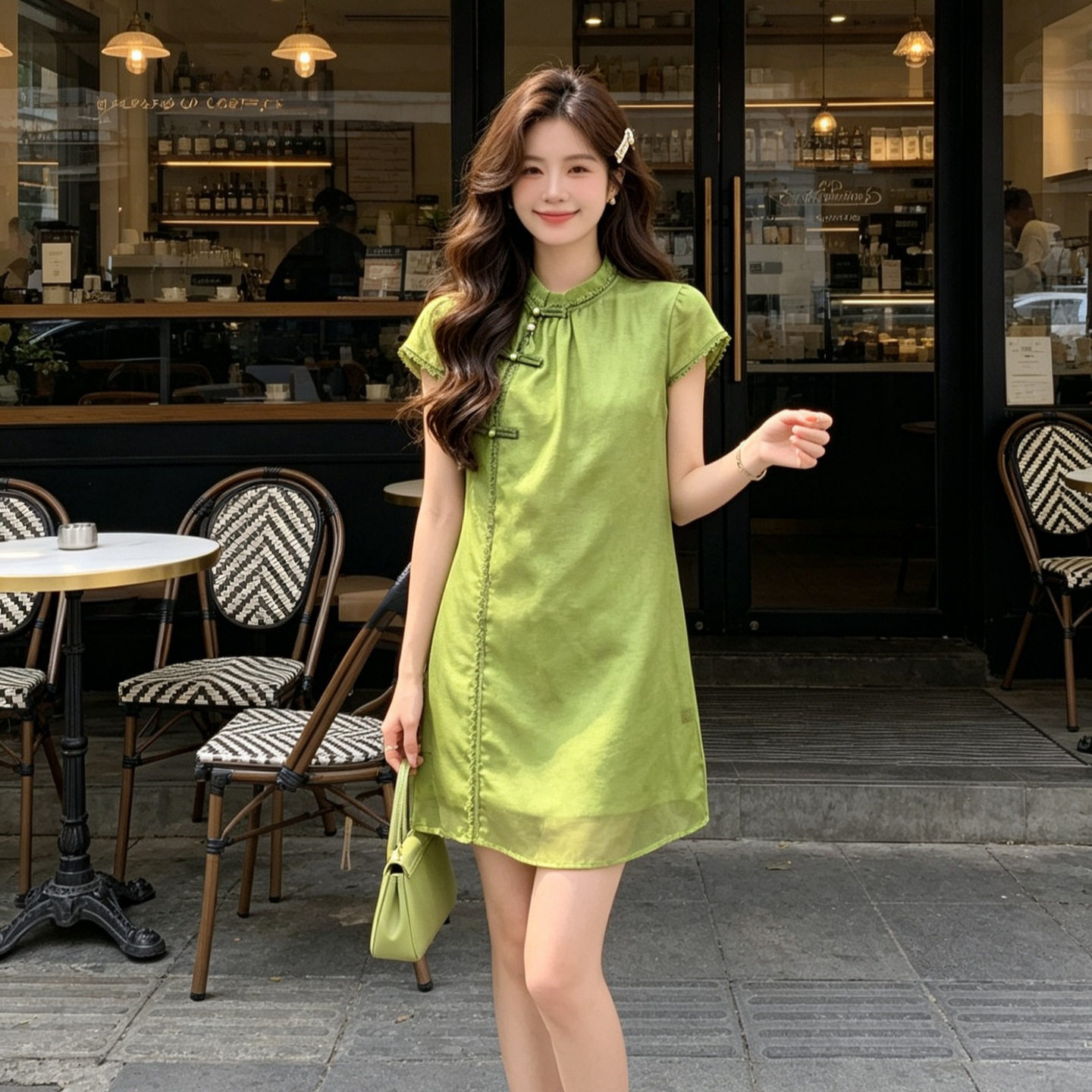 南油新中式改良旗袍连衣裙女夏桑蚕丝优雅气质显瘦A字短裙高级感