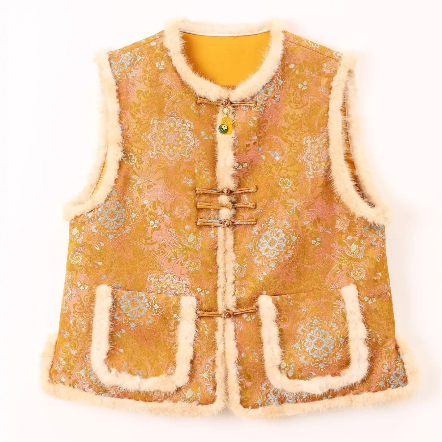 2026年春新款新中式国风人丝宋锦马甲女羊驼绒水貂毛百搭背心外套