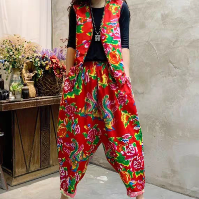 叫一声二奶奶同款抖音从小卖蒸馍东北大花布马甲灯笼裤套装秧歌服