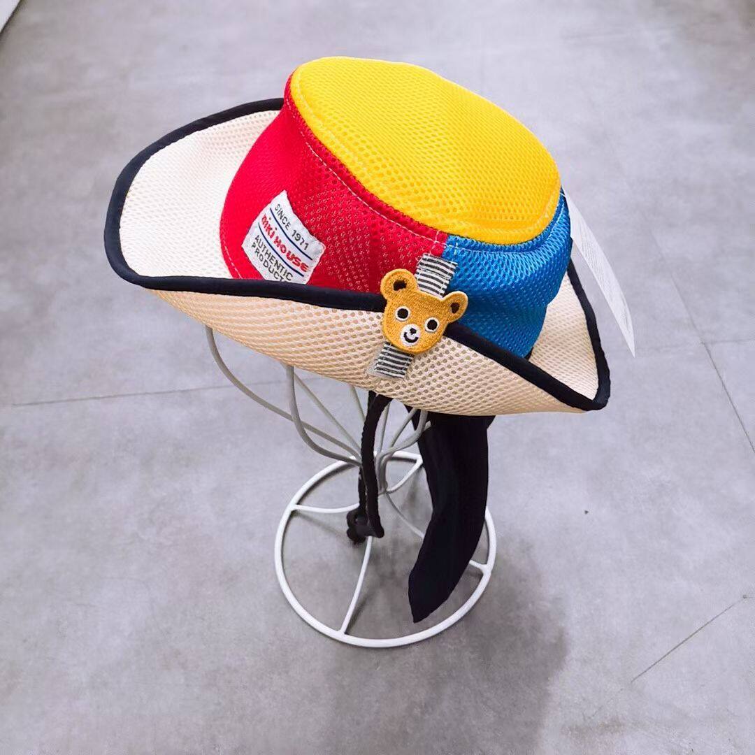 日系儿童帽子男童女夏季遮阳盆帽小熊可翻边带披风大童网眼渔夫帽
