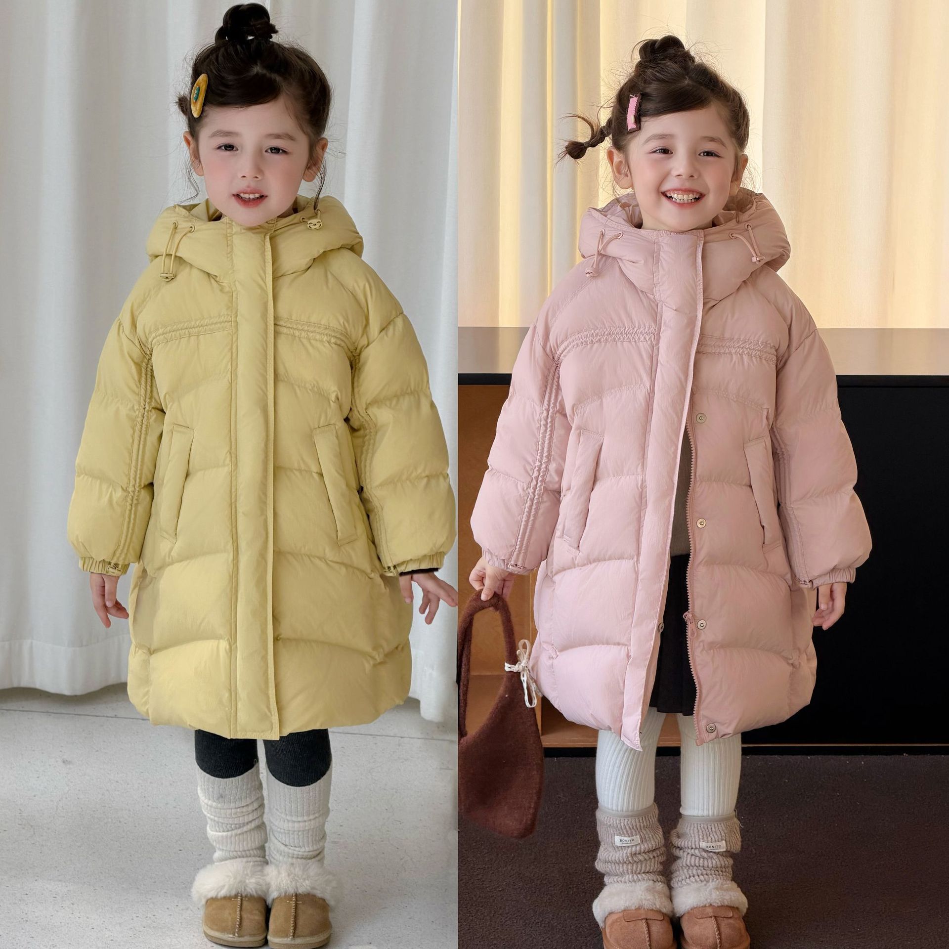 女童三防马卡龙中长款连帽羽绒服童装女加厚保暖休闲面包羽绒外套