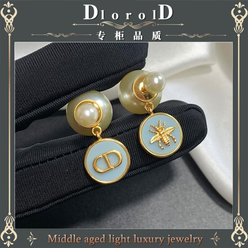 DlorolD烟蓝CD蜜蜂不对称珍珠耳钉轻奢高级感耳环早春新款D家耳饰