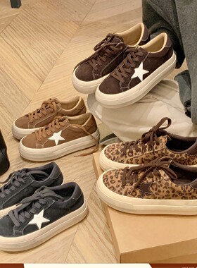 【隐形增高5cm】复古星星做旧脏脏鞋小个子厚底加绒千禧小众板鞋