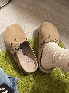 安妮麦坤丨包头半拖鞋女2025秋冬牛皮复古穆勒鞋平底休闲丑萌鞋