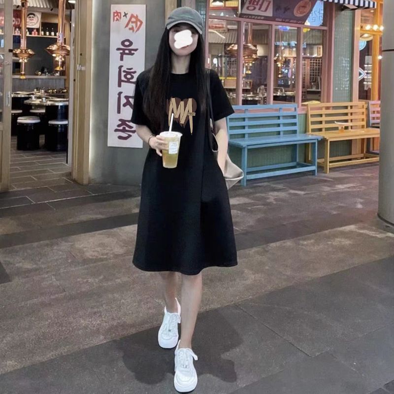 2025夏季新款短袖t恤女宽松中长款过膝连衣裙女装ins特大码300斤