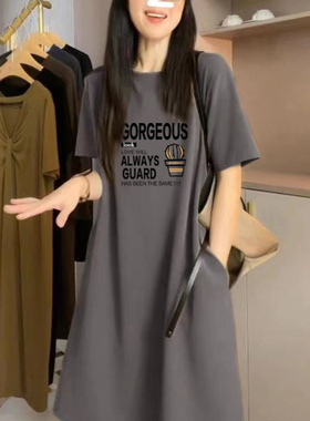 300斤特大码欧货大版藏肉宽松短袖连衣裙女胖MM休闲长款过膝T恤裙