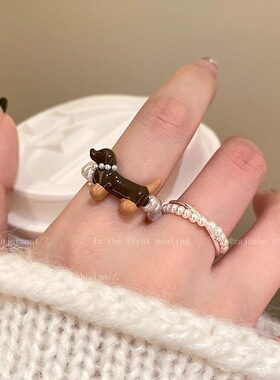 腊肠狗珍珠戒指女生2025新款爆款网红食指戒小众设计感学生党指环