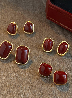 覆古港风红色滴釉耳针女秋冬轻奢气质高级感耳环小众设计新年耳饰