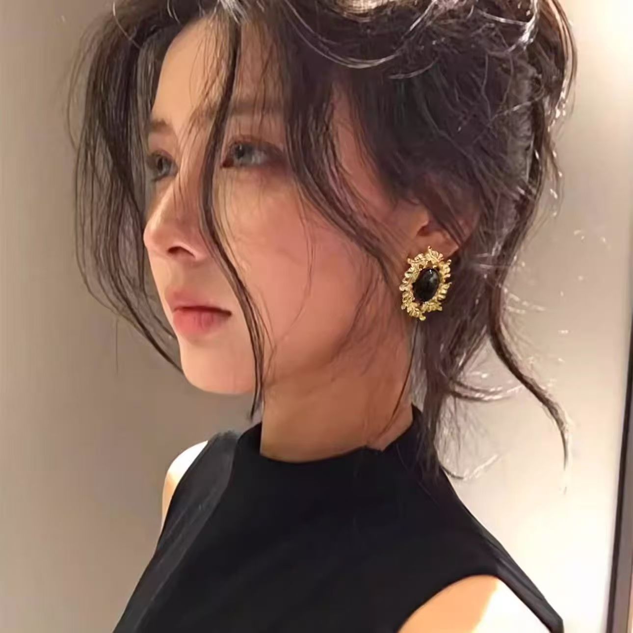 中国风黑色椭圆金属女高级感气质耳环