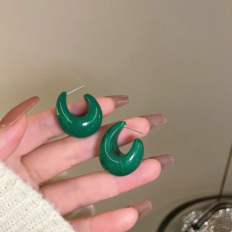 复古优雅小众设计感U形树脂耳环女水滴耳钉耳坠深邃祖母绿色耳饰