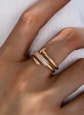 微镶锆石三圈钉子开口戒指个性小众设计轻奢指环女轻奢气质高级感