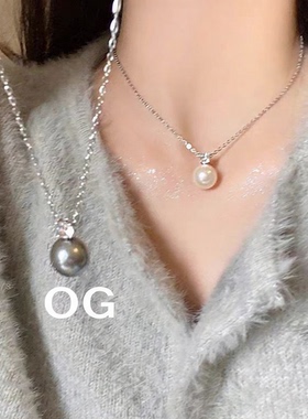 单颗灰色珍珠锆石吊坠项链女新款爆款小众毛衣链简约颈链配饰