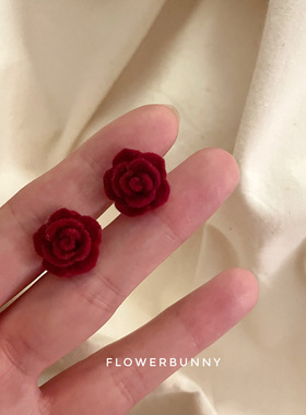 法式复古植绒玫瑰花银针耳钉女气质文艺红色花朵耳饰小清新耳环