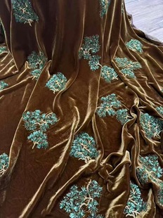 美拉德色松针刺绣真丝丝绒面料新中式 布料 外套马甲旗袍桑蚕丝服装