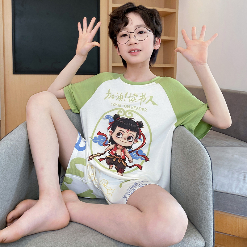 儿童睡衣夏季薄款男童卡通夏天短袖小男孩子空调家居服初中生套装