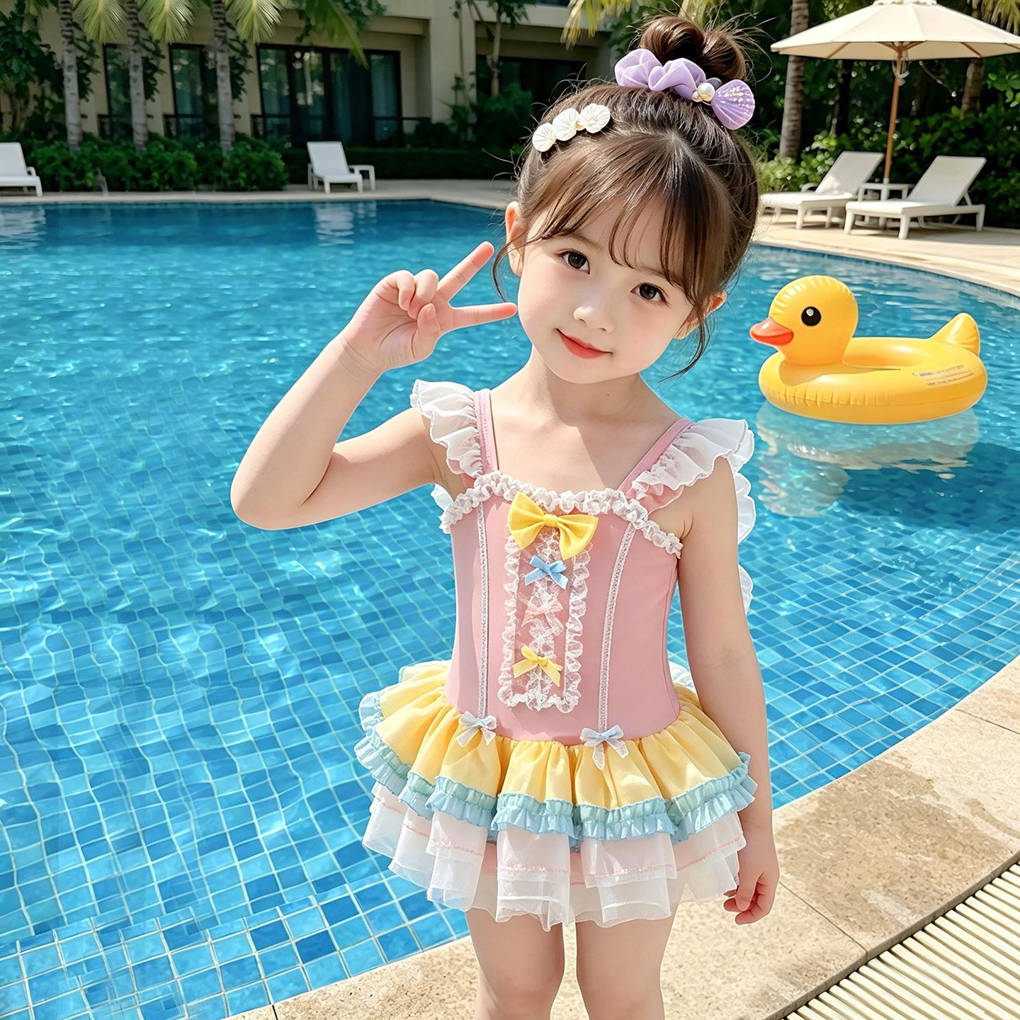 泳衣女儿童夏季泳衣女童绝美连体无袖小女孩夏天粉色蕾丝泳装裙子