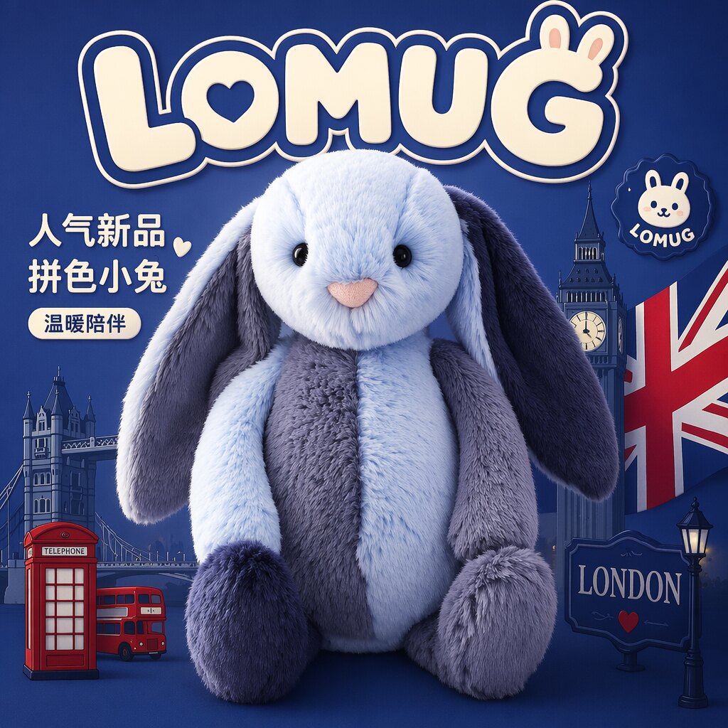 英国LOMUG派得溪邦妮兔毛绒玩偶玩具蓝色拼布兔子生日礼物