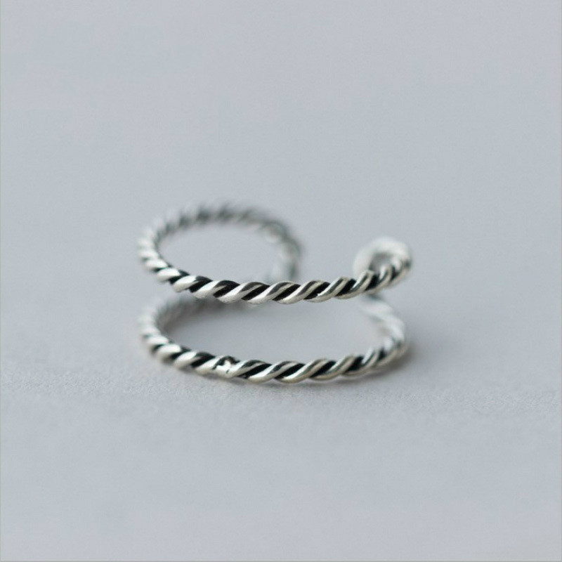 冷淡风简约百搭S925纯银气质螺纹双层泰银开口戒指男女指环装饰品