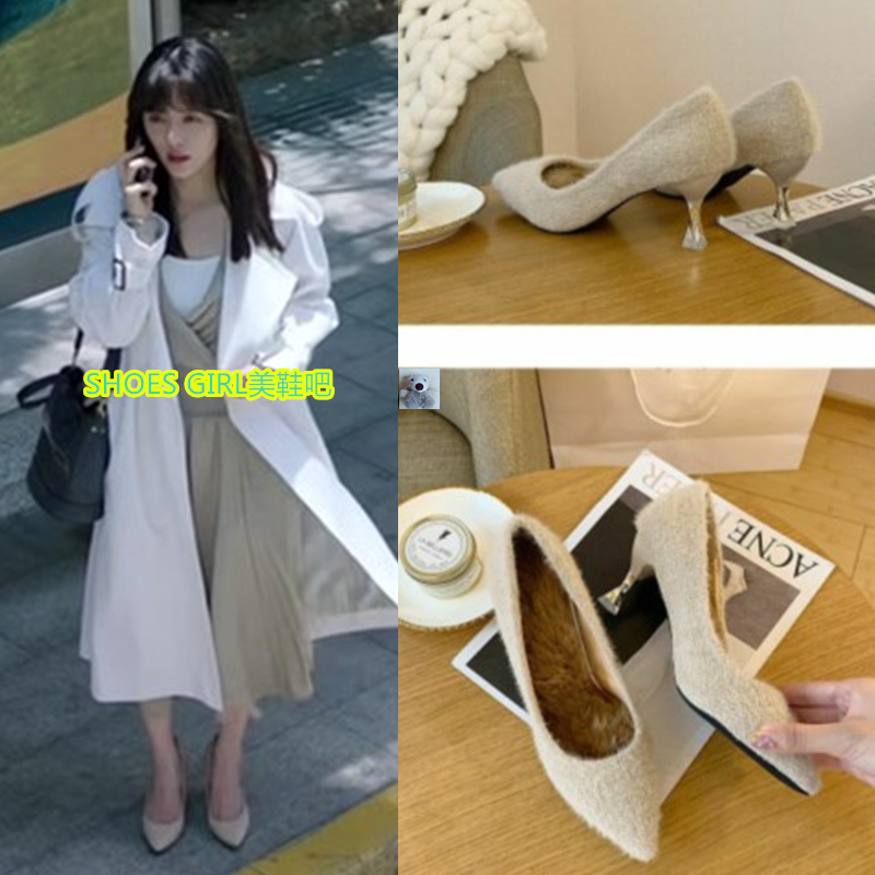 不期而至阮真真蔡文静同款鞋子加绒高跟鞋2022冬季职业工作鞋单鞋