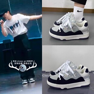 奔跑吧兄弟周深同款鞋子水洗牛仔破洞做旧风面包鞋翻毛皮滑板鞋