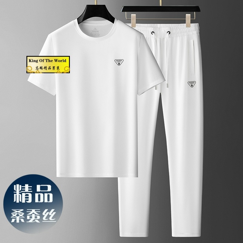 桑蚕丝套装男夏季薄款休闲运动冰丝圆领短袖t恤高端男士两件套