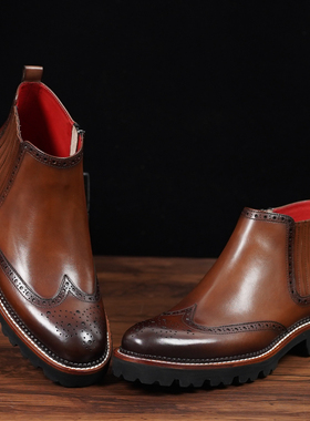绱跃高端定制牛皮男士皮鞋马丁靴英伦时装靴商务布洛克雕花短靴