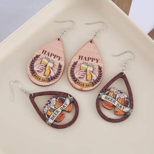 耳饰复古趣味潮 DAY个性 跨境啤酒图案木质水滴形耳环女HAPPY BEER