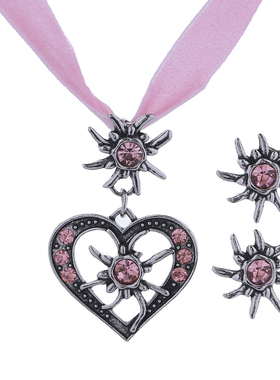 高档爱心雪绒花水钻项链耳环套装