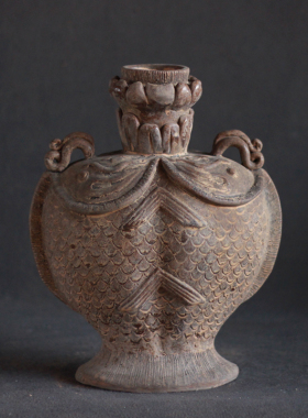 仿古陶瓷唐三彩莲花双鱼壶皮囊壶唐代酒具酒壶做旧复古摆件醒酒壶