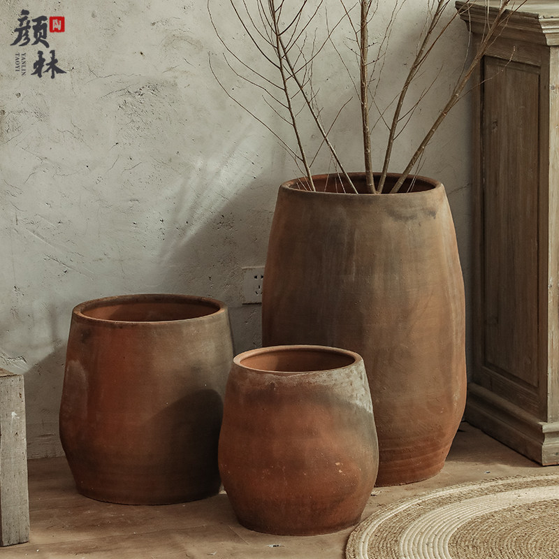复古色陶盆侘寂风花盆土陶盆粗陶瓶民宿装饰陶盆花瓶落地大花盆,家居饰品,花盆,淘宝优惠券,粉丝福利购,淘宝优惠卷
