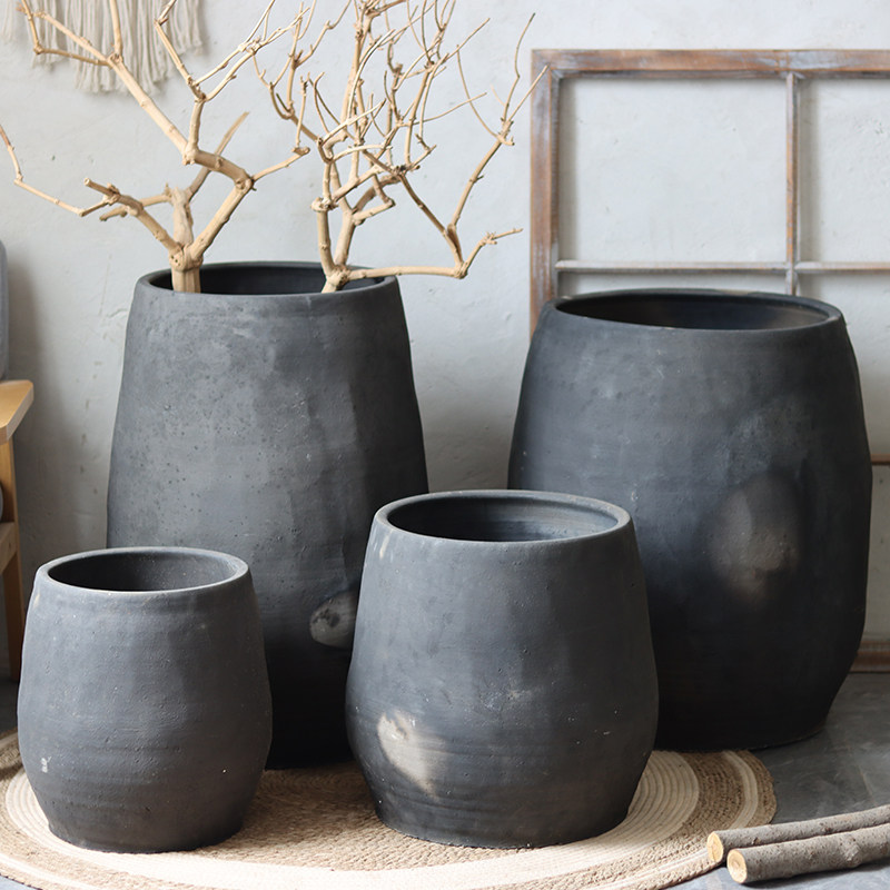 侘寂风黑陶缸复古字画陶罐花园造景园林手工土陶透气大型民宿装饰