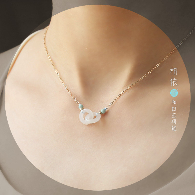 天然和田玉环环相扣项链锁骨链