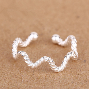 简约百搭个性磨砂素银S925纯银戒指波浪扭纹开口麻花纹理指环