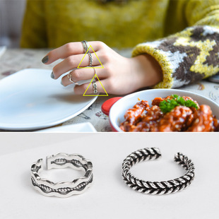 韩国东大门S925纯银戒指波浪纹理编织复古泰银个性女尾戒关键戒指