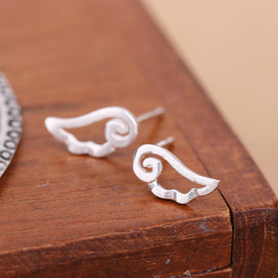 新品925纯银天使翅膀耳钉 韩版饰品磨砂光面天使之翼耳环百搭清新