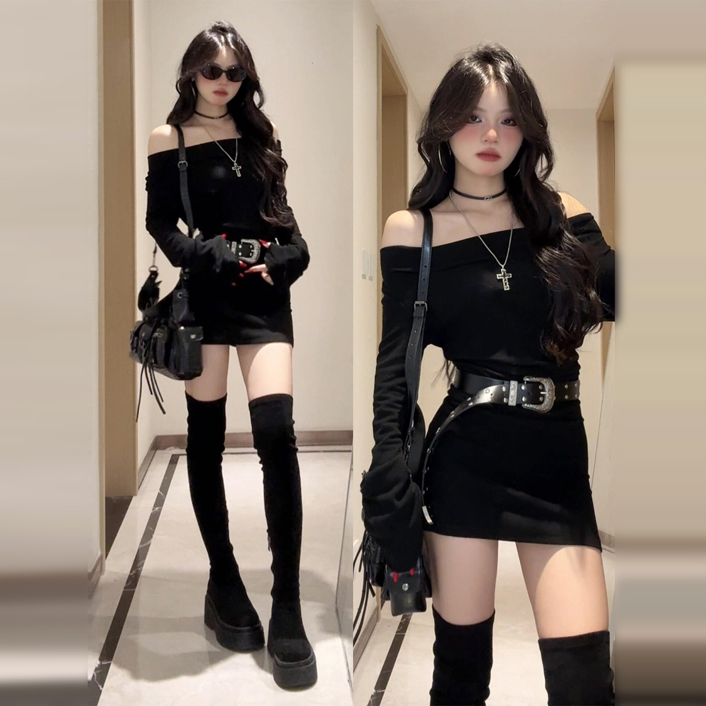 法式性感辣妹一字肩针织连衣裙子女2025新款秋冬内搭包臀约会短裙