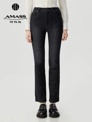 【商场同款】AMASS 新款时尚百搭中高腰保暖植绒牛仔长裤5100481
