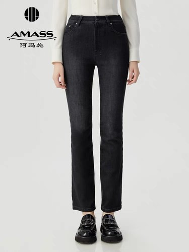 【商场同款】AMASS 新款时尚百搭中高腰保暖植绒牛仔长裤5100481