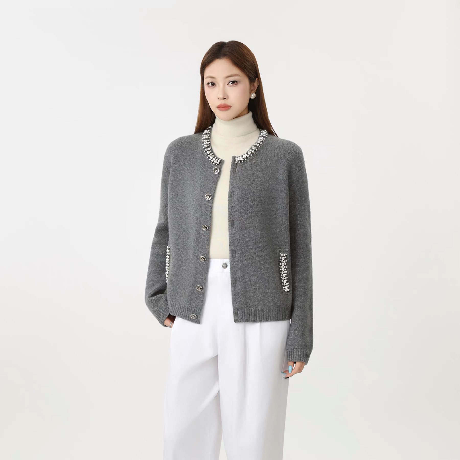 保暖羊毛轻奢小香风珠珍设计款毛衣外套25秋冬季女548052