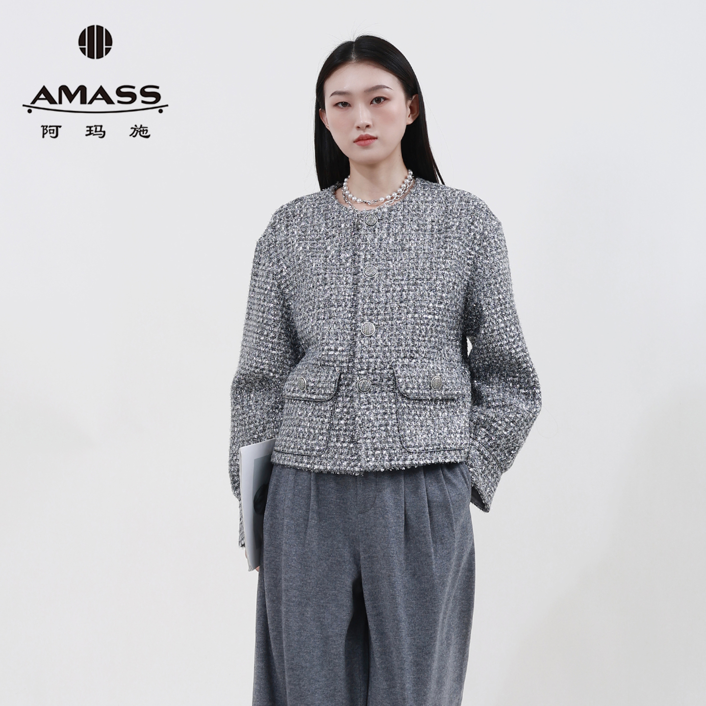 AMASS秋季新款时尚格纹百搭轻奢小香风复古外套女5400912