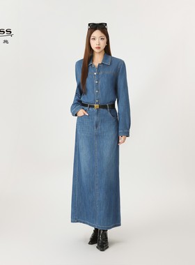 25秋季新品端庄优雅长袖牛仔裙棉质收腰显瘦连衣裙女550043