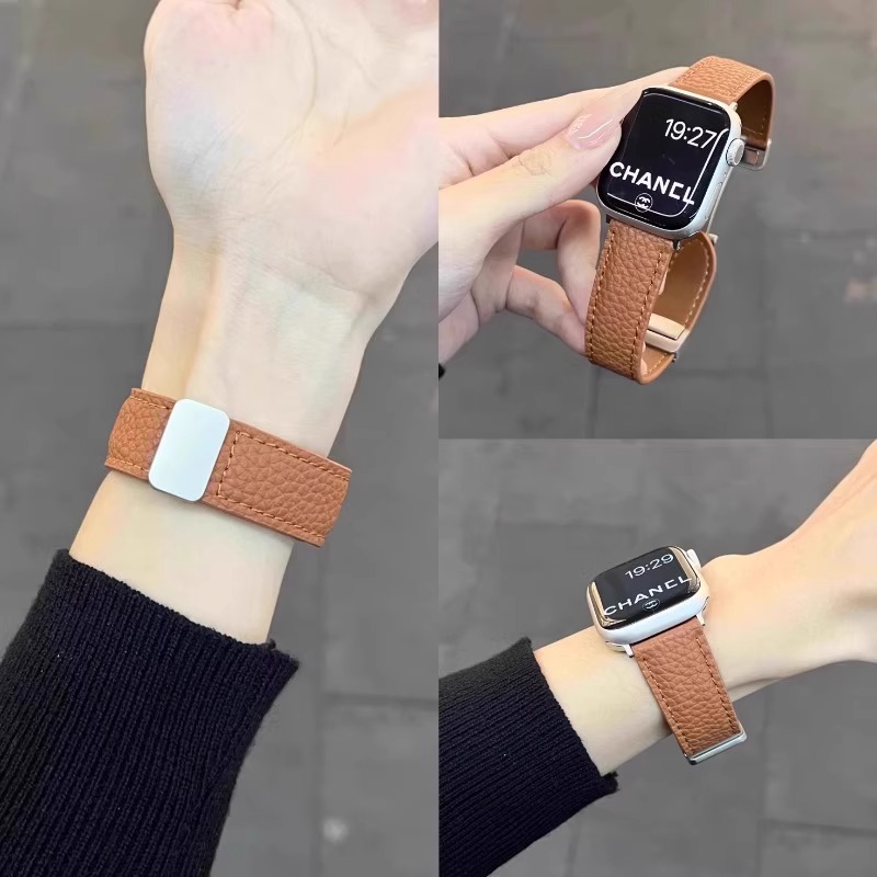 适用苹果手表iwatch10表带新款柔软真皮荔枝纹8765高级感S9女款se