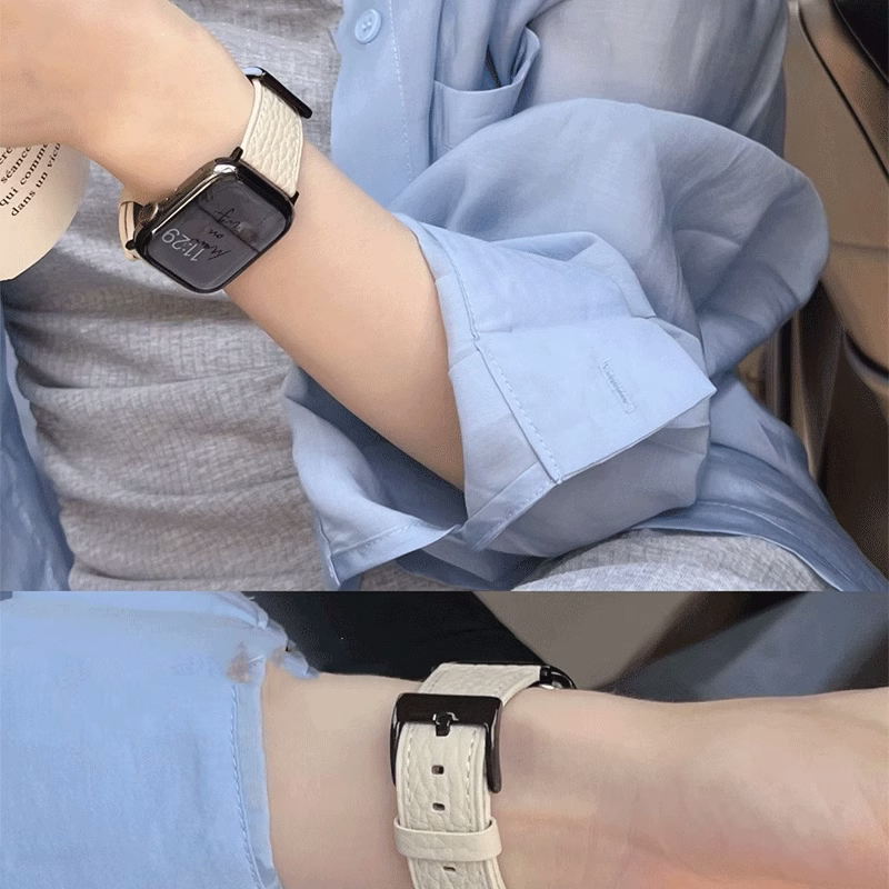 适用applewatchS10荔枝纹真皮87高级感女款表带se苹果手表iwatch9